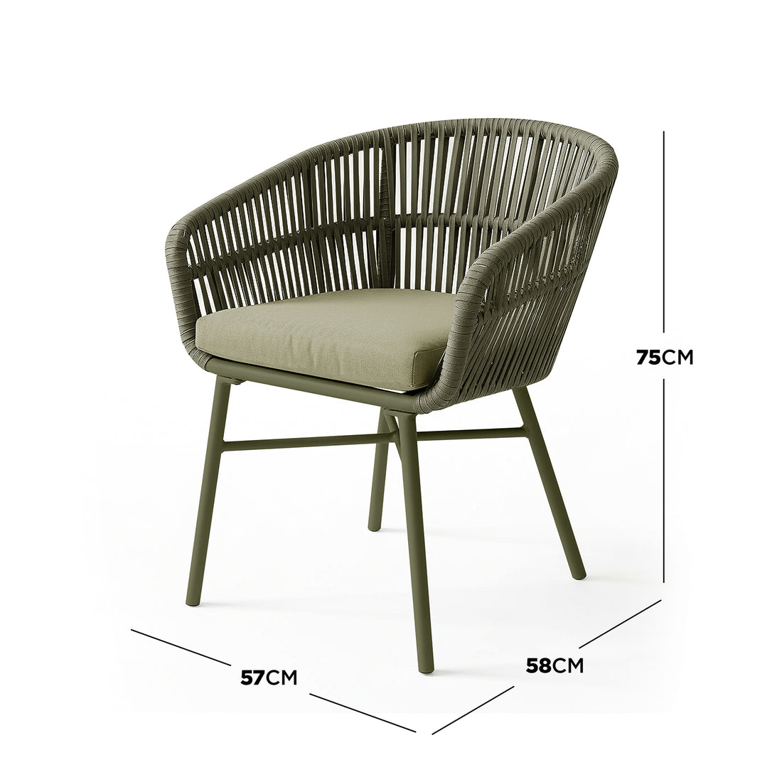 Marula Rope Outdoor Dining Chairs in Green Set of 4, featuring a woven-rope back, slim metal legs, and removable seat cushions, ideal for relaxed outdoor dining with modern, breezy style.