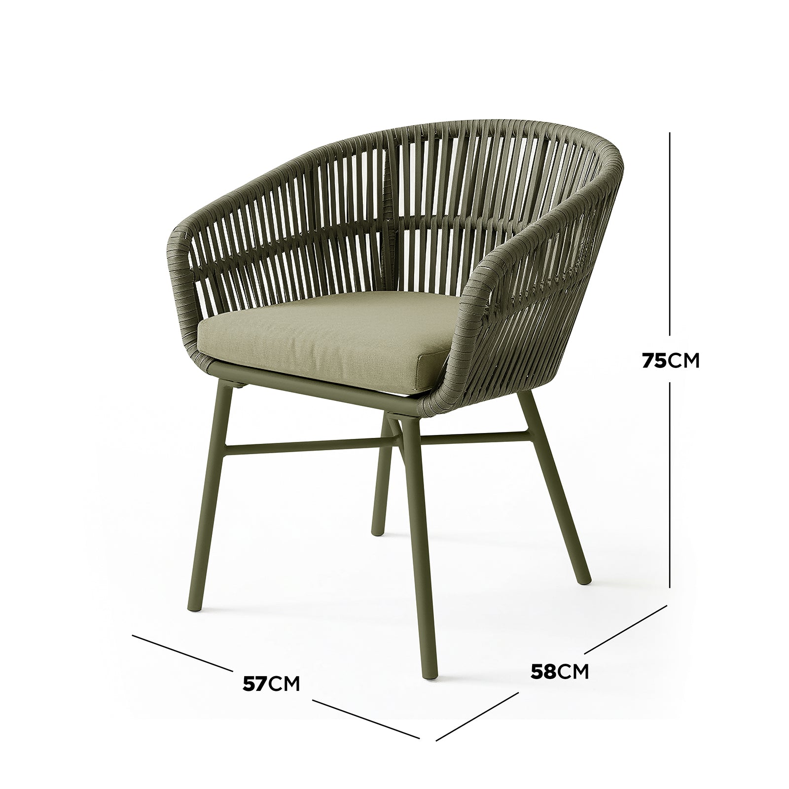Marula Rope Outdoor Dining Chairs in Green Set of 4, featuring a woven-rope back, slim metal legs, and removable seat cushions, ideal for relaxed outdoor dining with modern, breezy style.