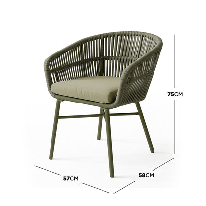 Marula Rope Outdoor Dining Chairs in Green Set of 4, featuring a woven-rope back, slim metal legs, and removable seat cushions, ideal for relaxed outdoor dining with modern, breezy style.