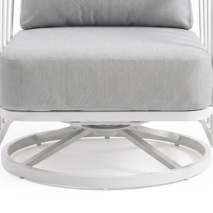 Close-up of the lower half of a cushioned chair with metal base on a white background