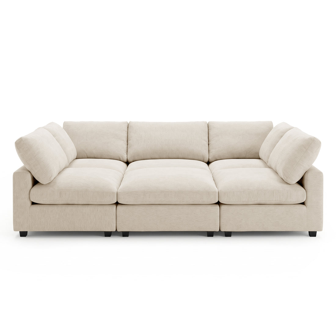 Front view of a beige sectional sofa on a white background