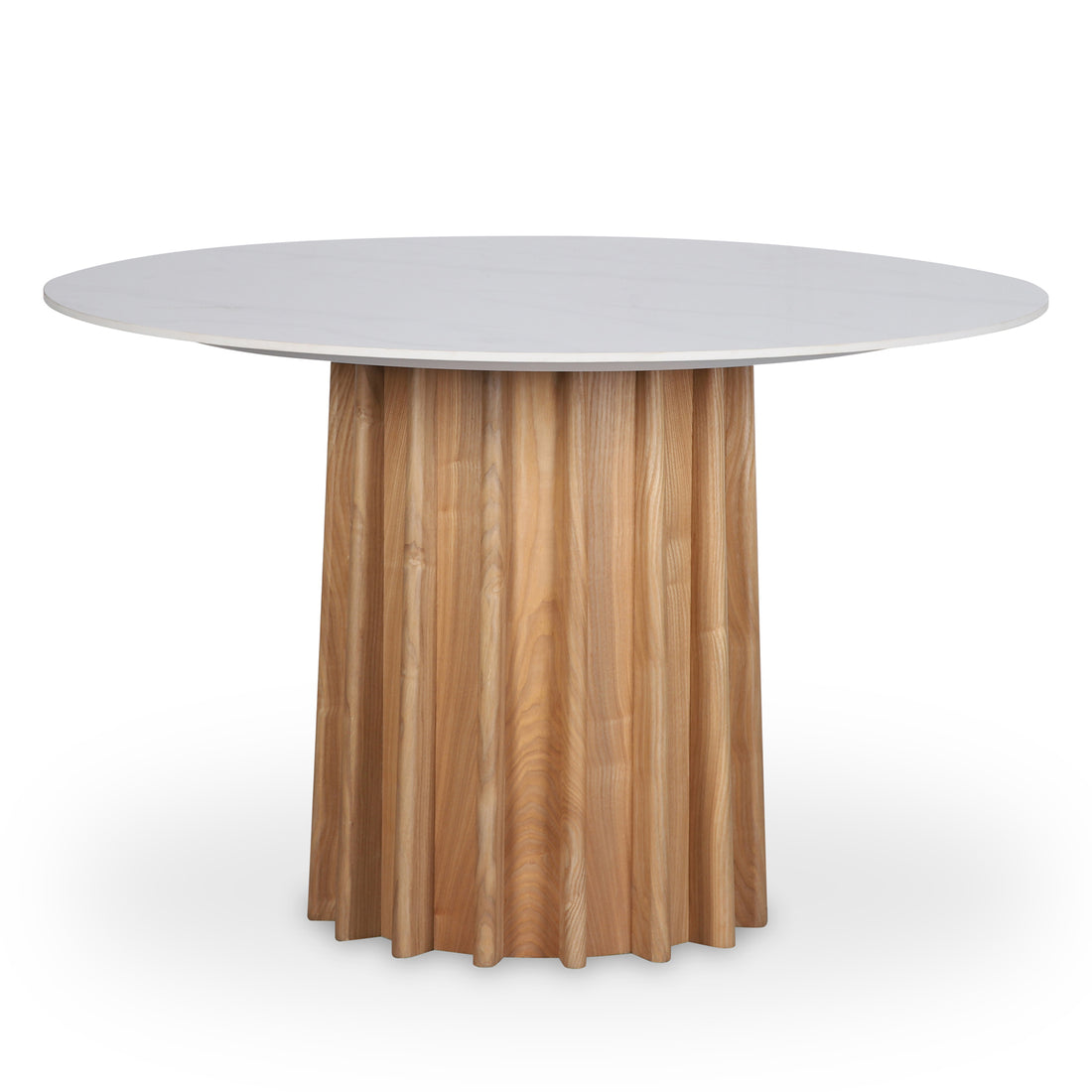 Gabi 120cm Marble Look Dining Table features a round white tabletop with a sintered stone finish and a fluted natural wood pedestal base, perfect for seating four comfortably.