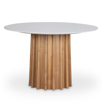 Gabi 120cm Marble Look Dining Table features a round white tabletop with a sintered stone finish and a fluted natural wood pedestal base, perfect for seating four comfortably.