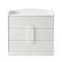 White three-drawer dresser on a white background, front view