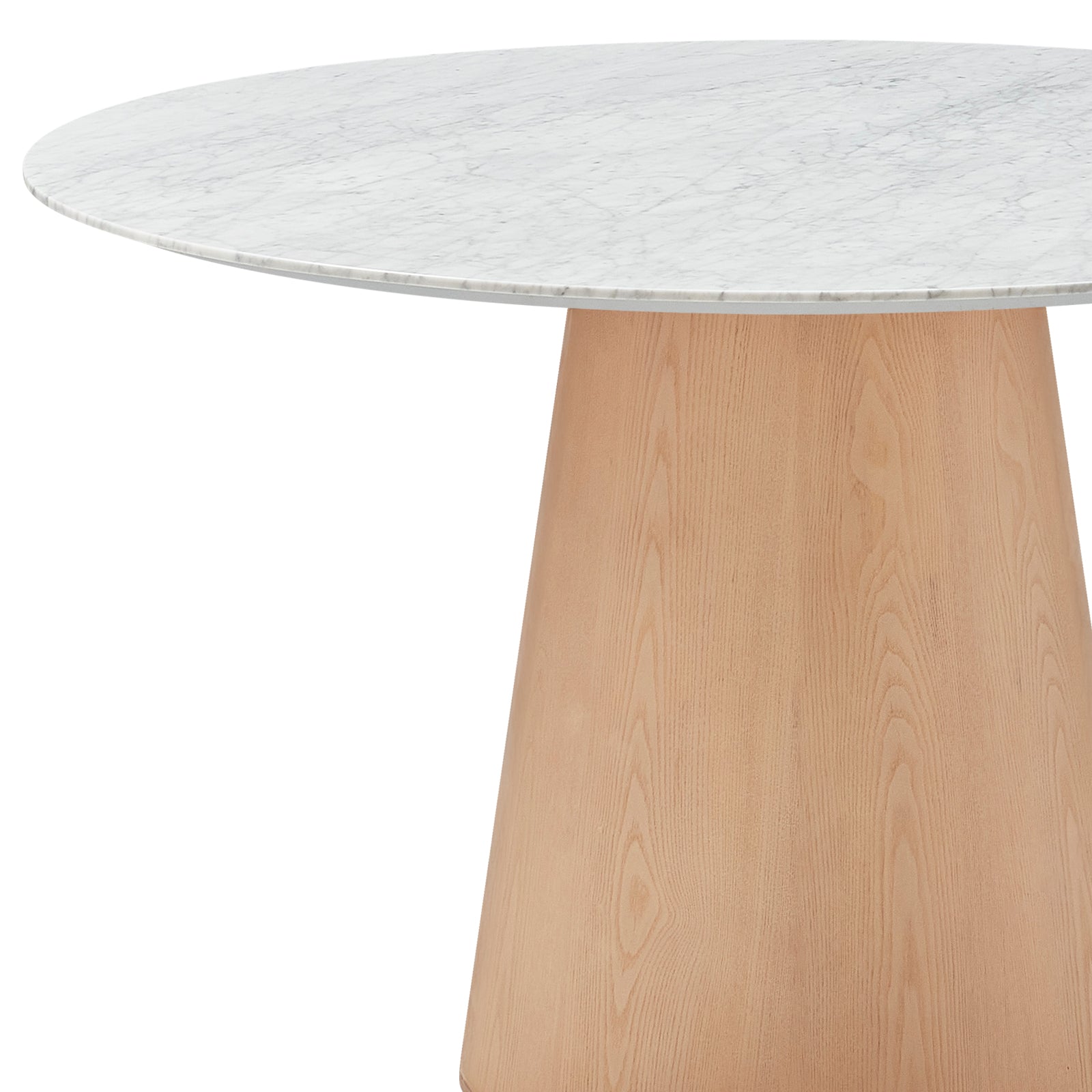 Dina 120cm Round Marble Dining Table in Carrara Natural features a sleek marble-look top on a light wood conical pedestal, combining elegance and functionality for a refined dining experience.
