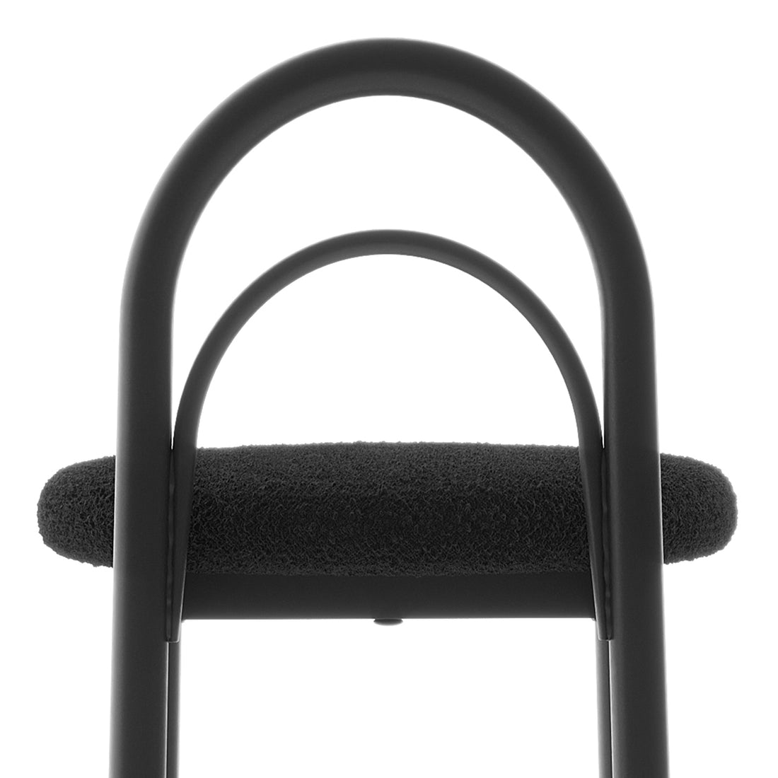 Close-up of a black chair frame and textured seat on a white background
