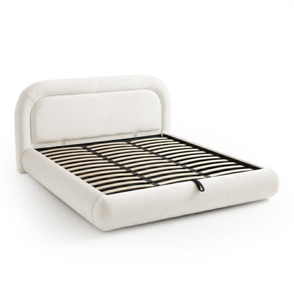 Complete cream upholstered bed frame with exposed wooden slats and black support structure