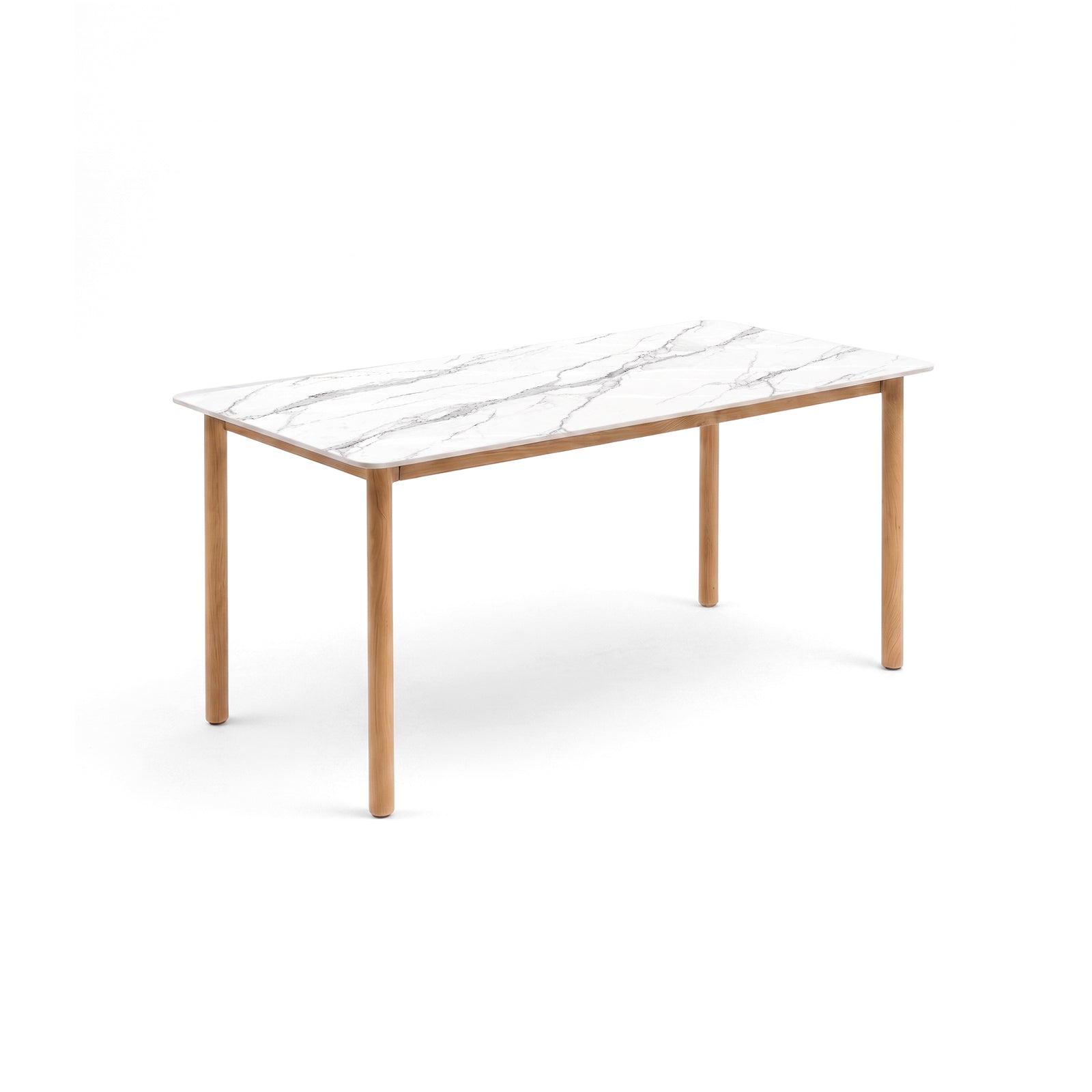 Rectangular dining table with marble-effect top and cylindrical wooden legs on a white background