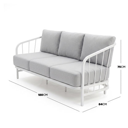 Three-seater sofa on white background with width, depth, and height measurements displayed