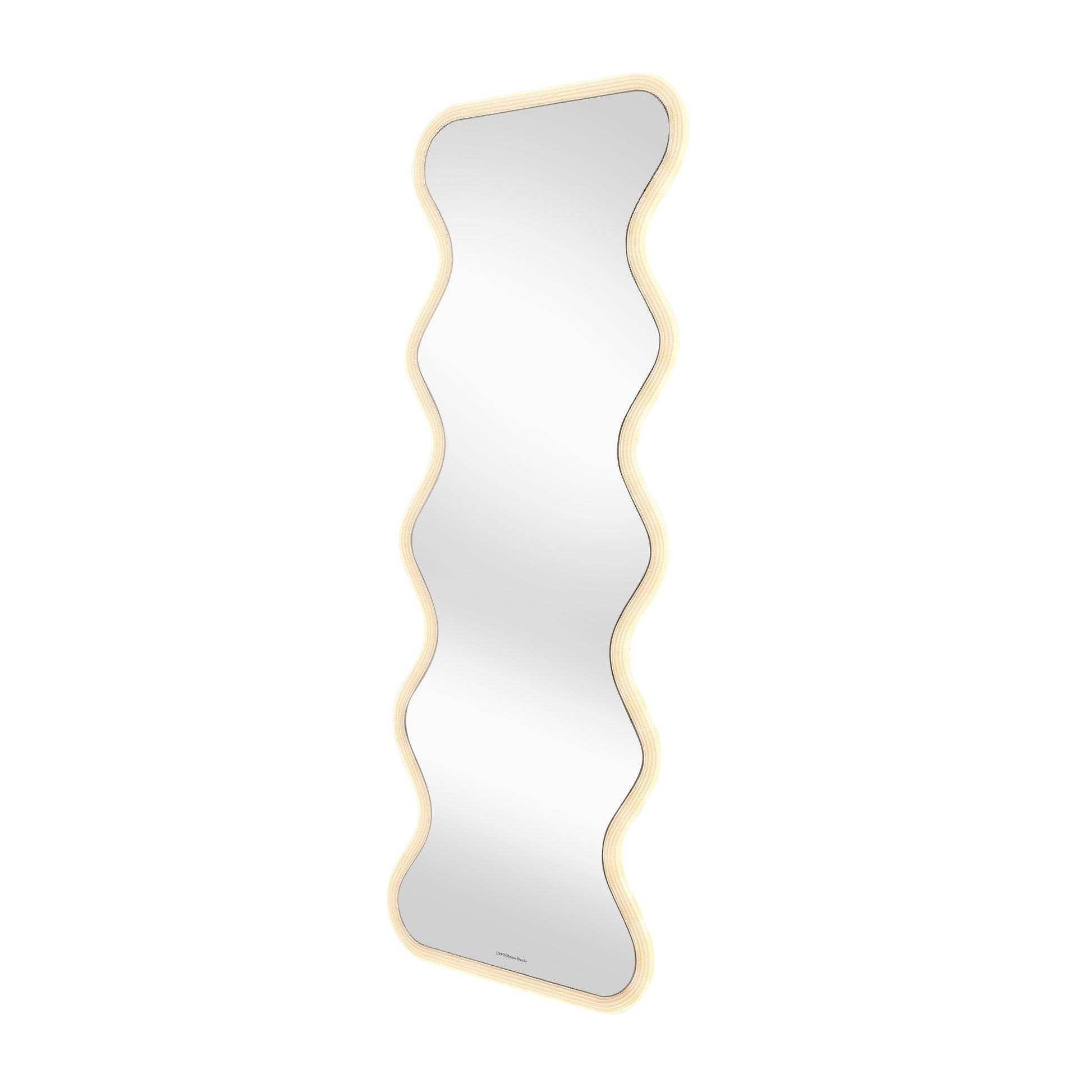 Full-length wavy-edge LED mirror on white background