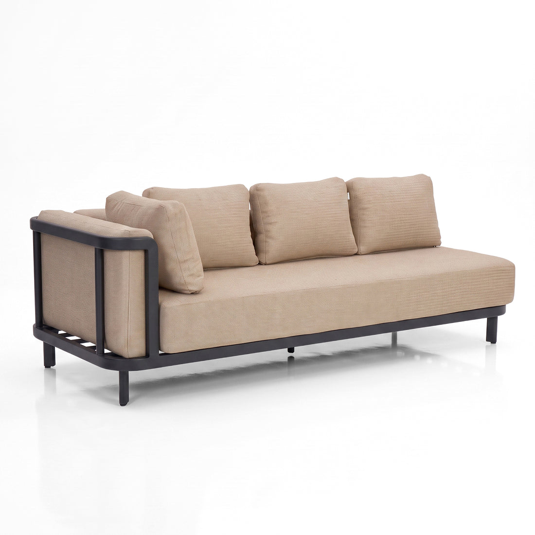 Contemporary beige sofa with black metal frame on white background.