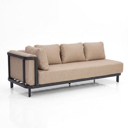 Contemporary beige sofa with black metal frame on white background.