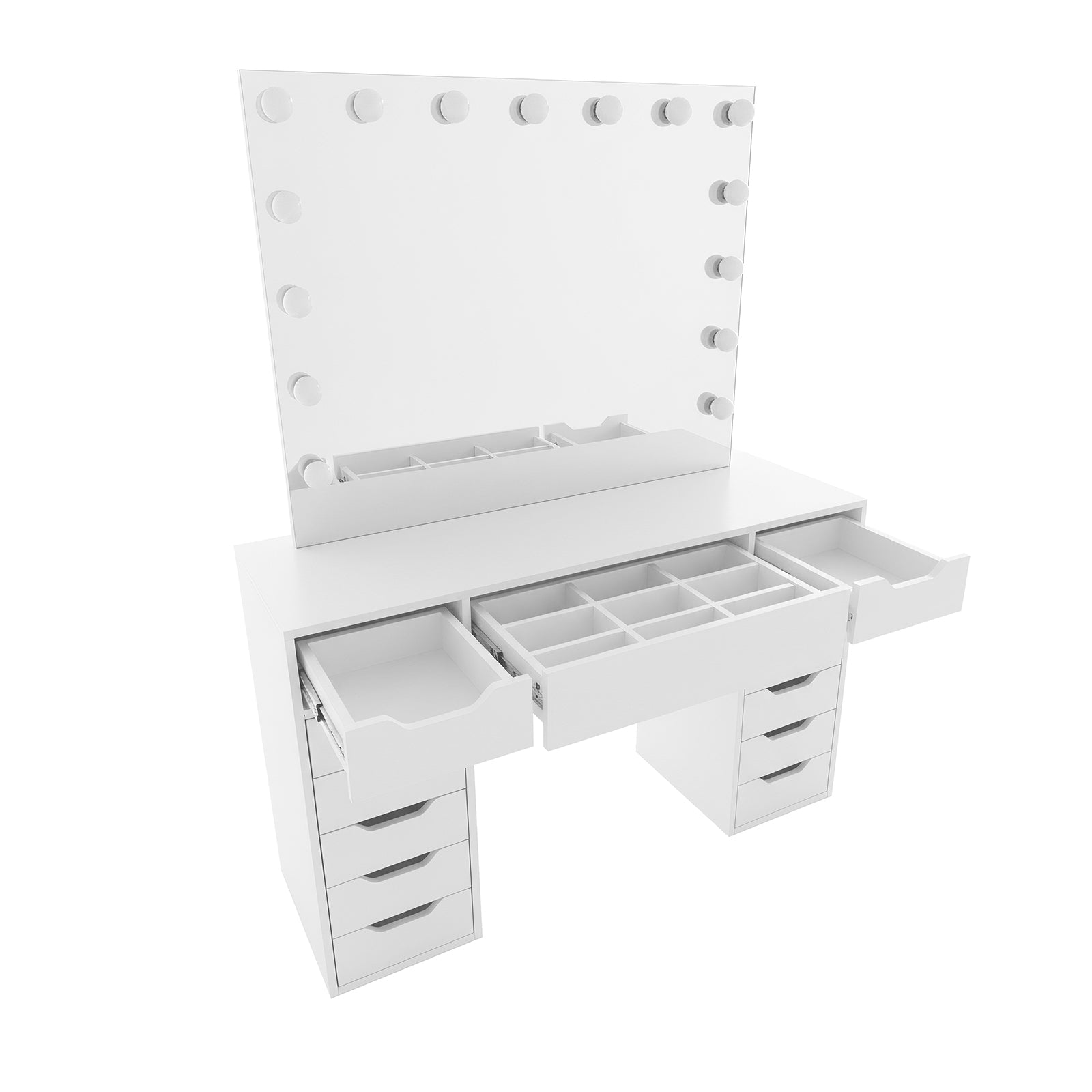 Jenna Hollywood LED Mirror Dressing Table in White featuring a large mirror with 15 LED bulbs, built-in organizer tray, and multiple drawers, showcasing a sleek, modern design in a 3D rendering.