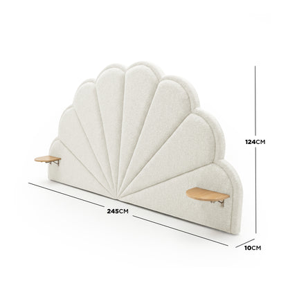 Scalloped fan-shaped headboard with measurements on white background