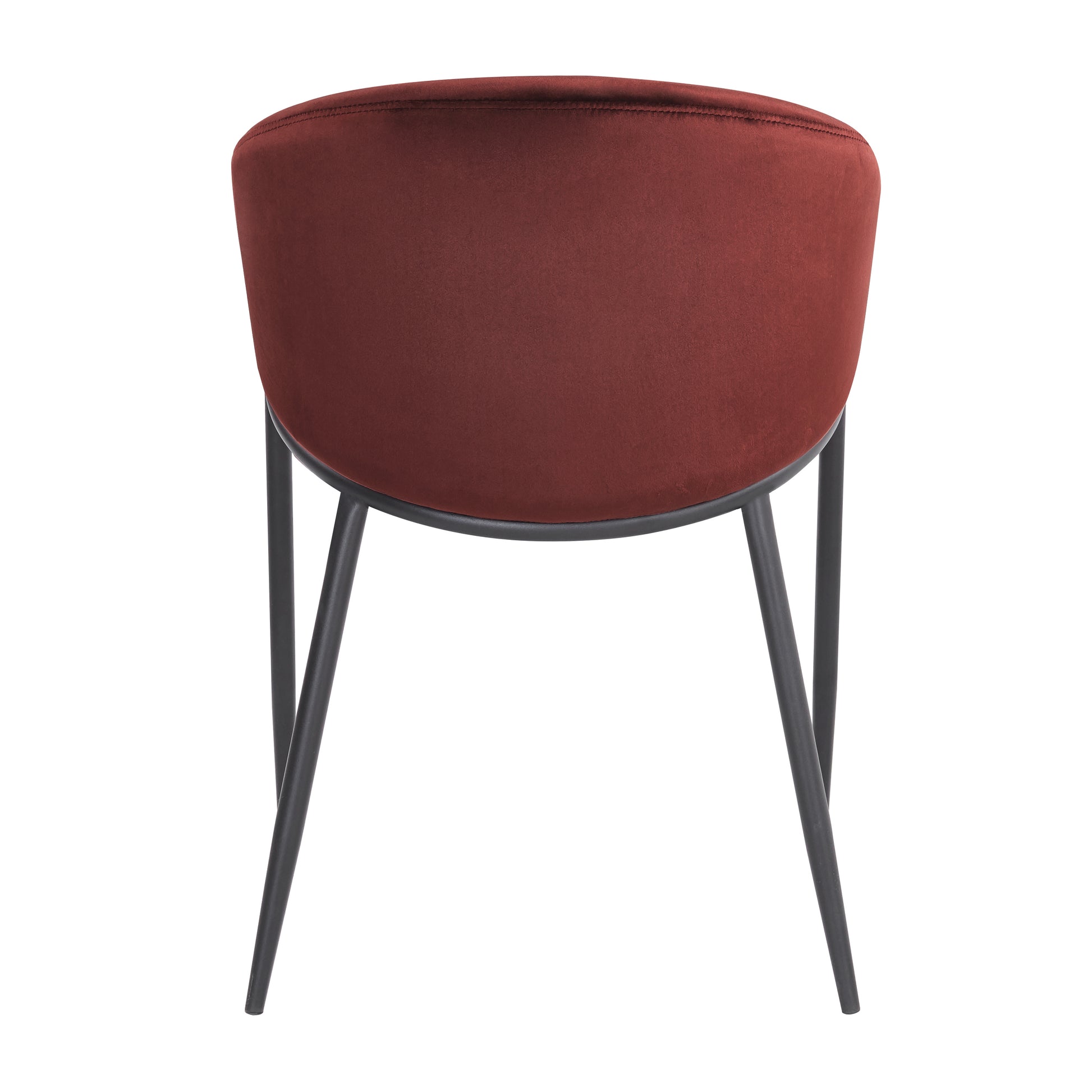 Back view of burgundy velvet chair on white background