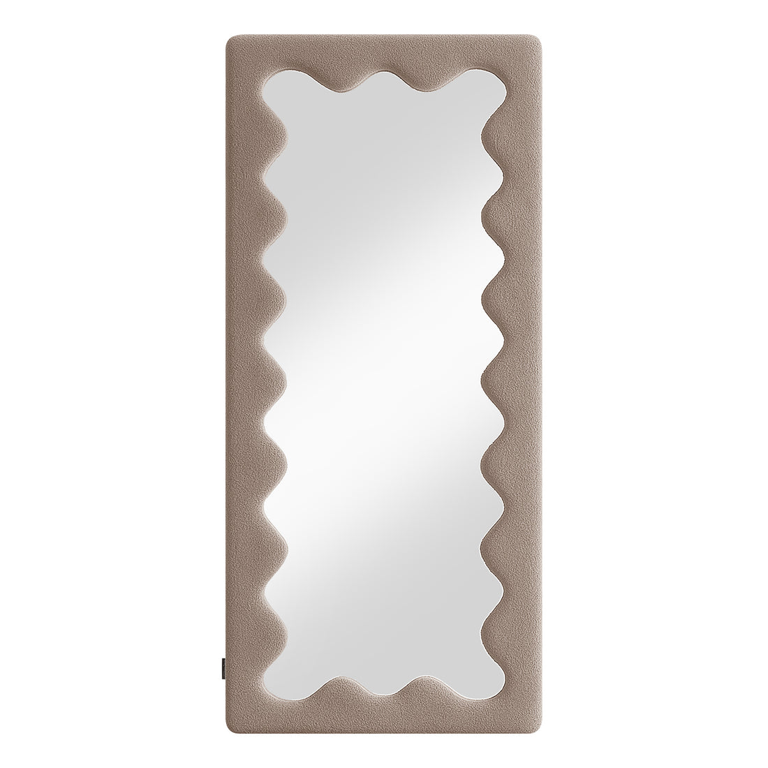 Serena 180cm Full Length Mirror features a wavy-cut taupe frame with a tactile bouclé texture, providing a sleek, modern look that enhances room brightness and space.