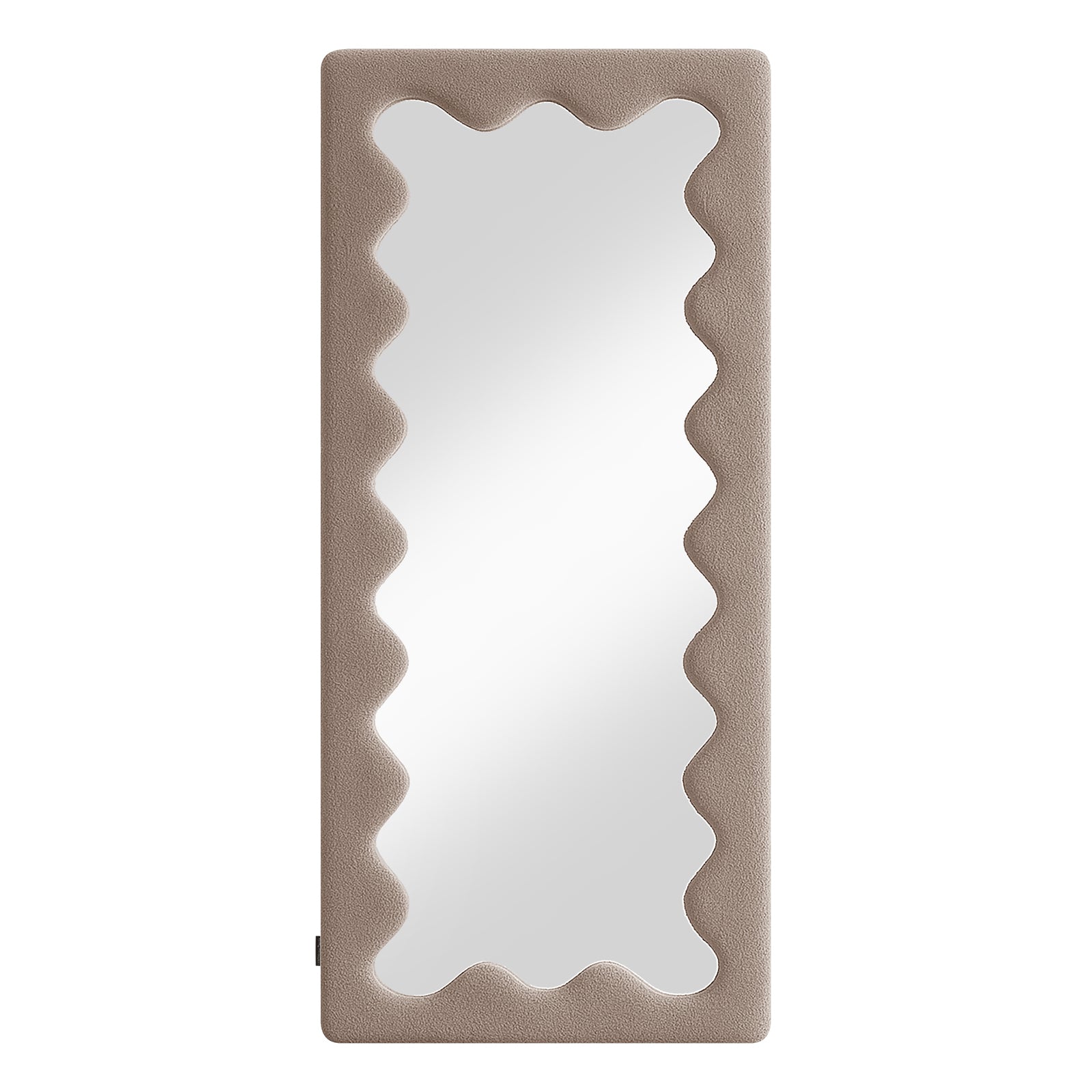 Serena 180cm Full Length Mirror features a wavy-cut taupe frame with a tactile bouclé texture, providing a sleek, modern look that enhances room brightness and space.