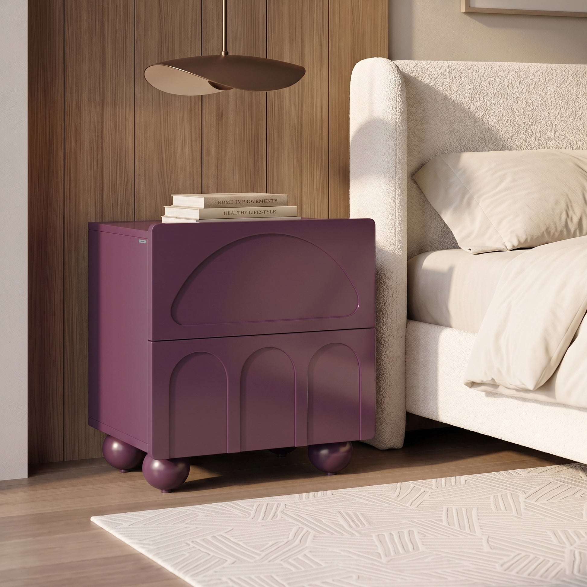 Purple nightstand styled beside a bed in a modern bedroom