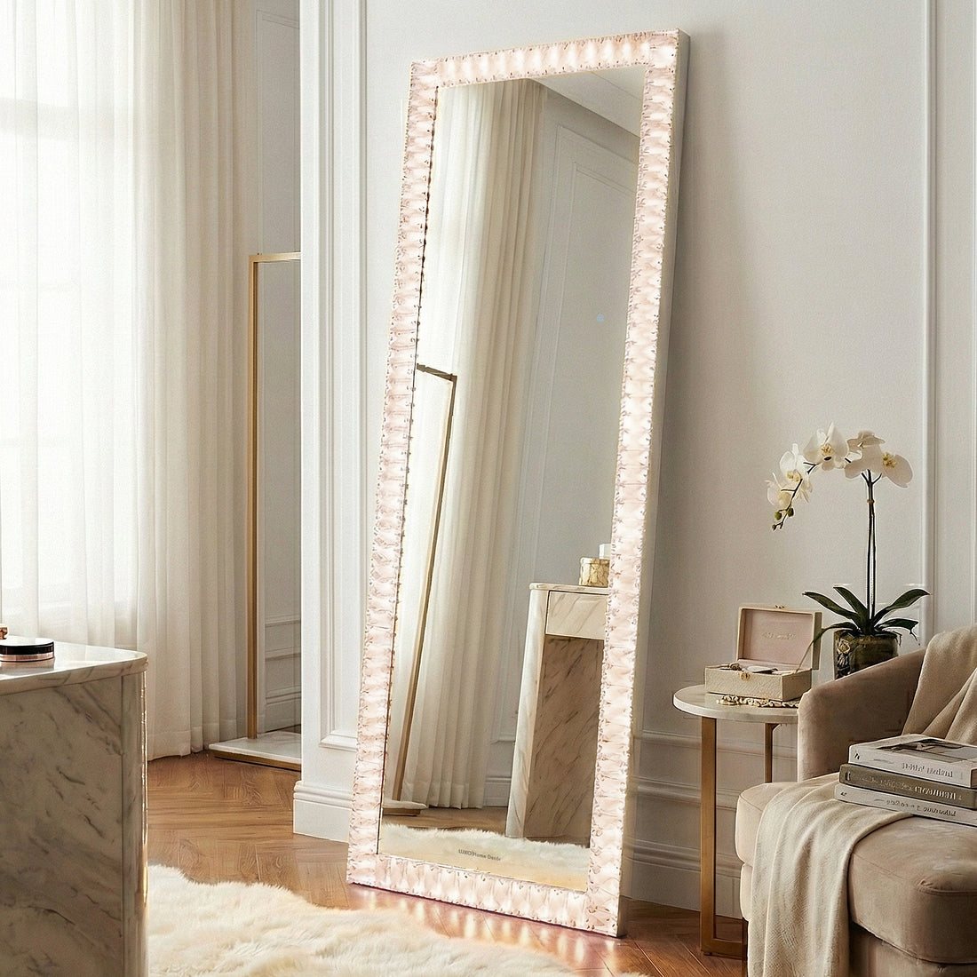 Mirror with illuminated border in elegant room setting