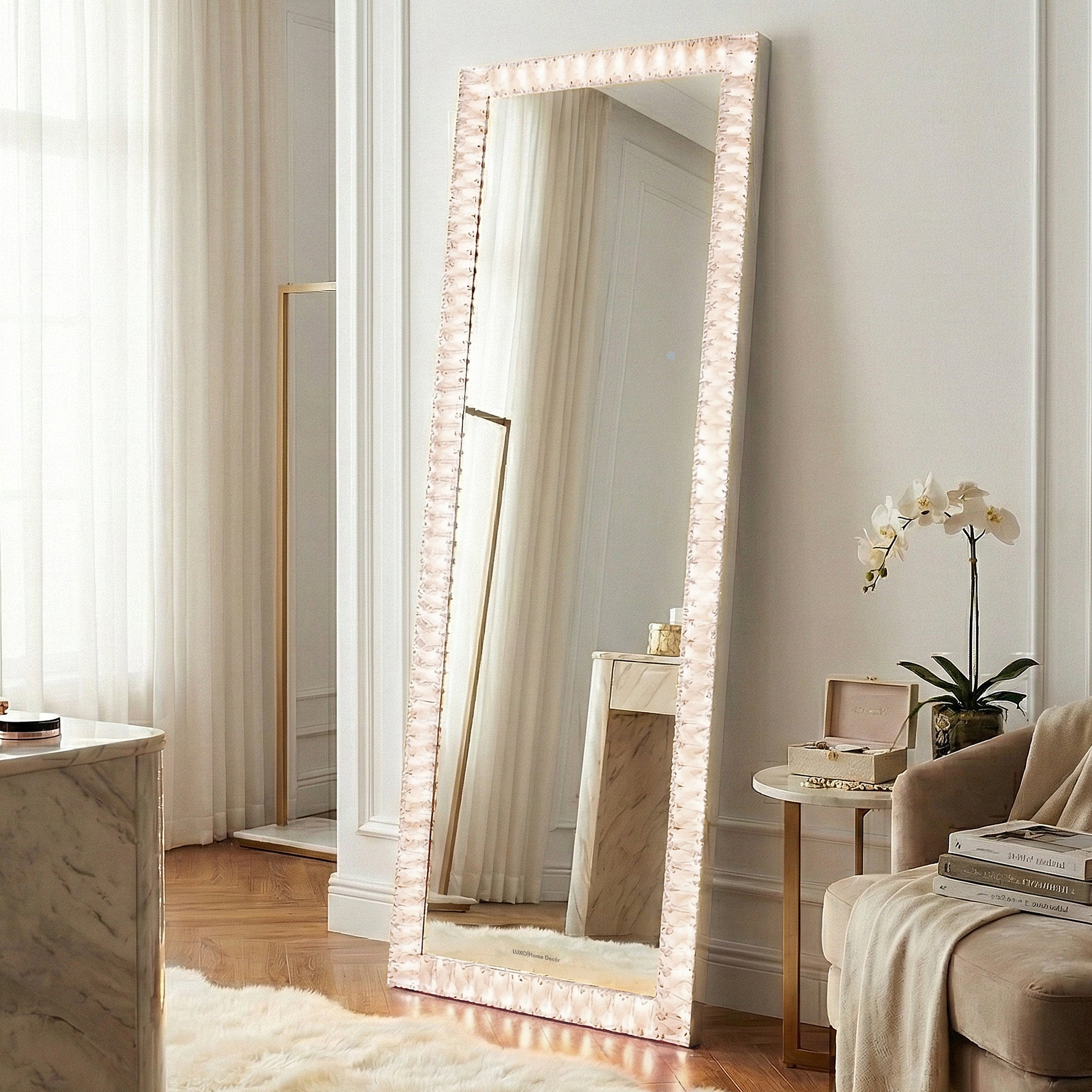 Mirror with illuminated border in elegant room setting