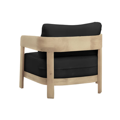 Elani 5 Seater Acacia Hardwood Outdoor Sofa Set in Black, featuring a modern lounge armchair with a light-wood frame and plush black cushions, ideal for enhancing outdoor relaxation and comfort.