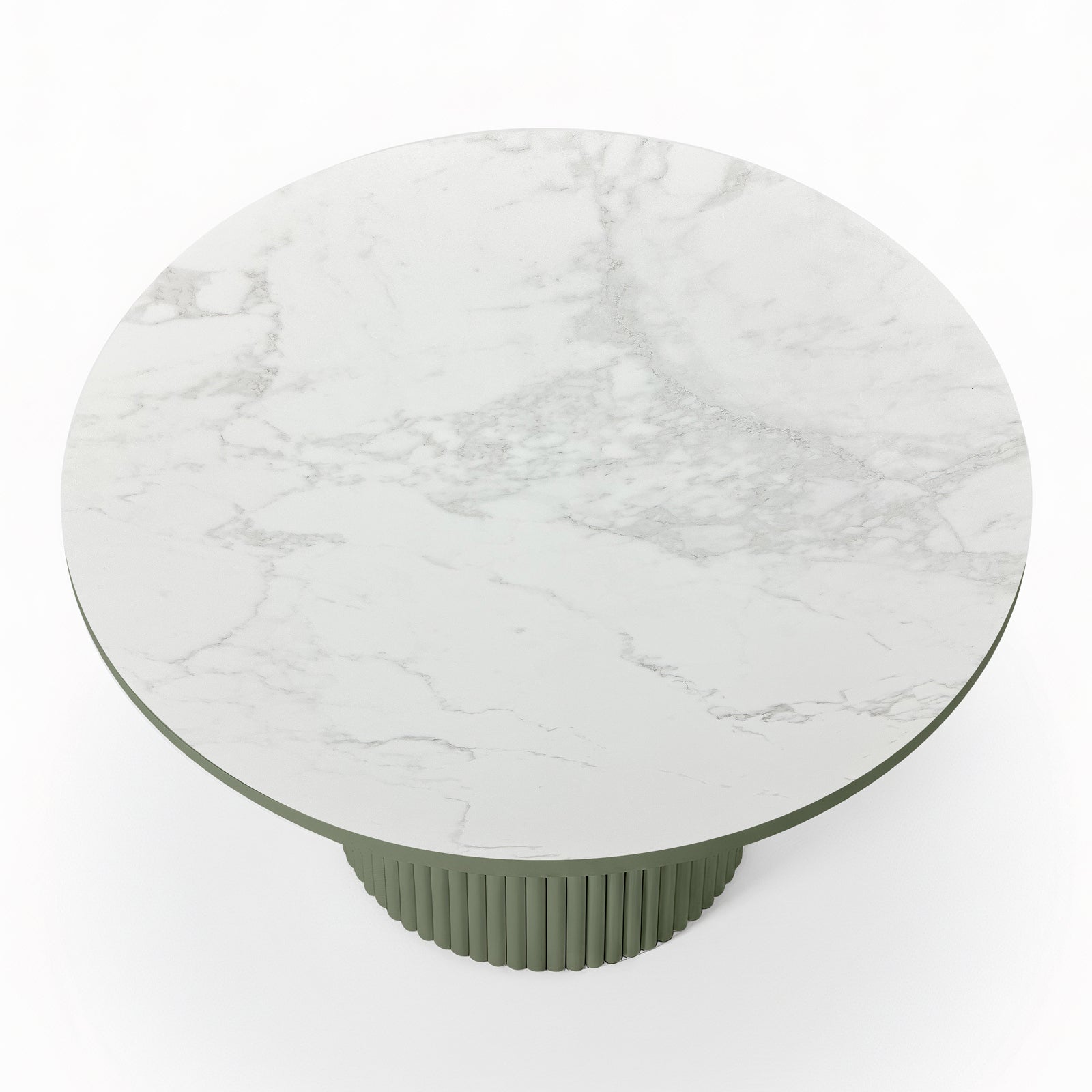 Evone 4 Seater Stone Outdoor Dining Table Set features a white marble tabletop with gray veining on a muted green, fluted pedestal base, ideal for modern outdoor dining.