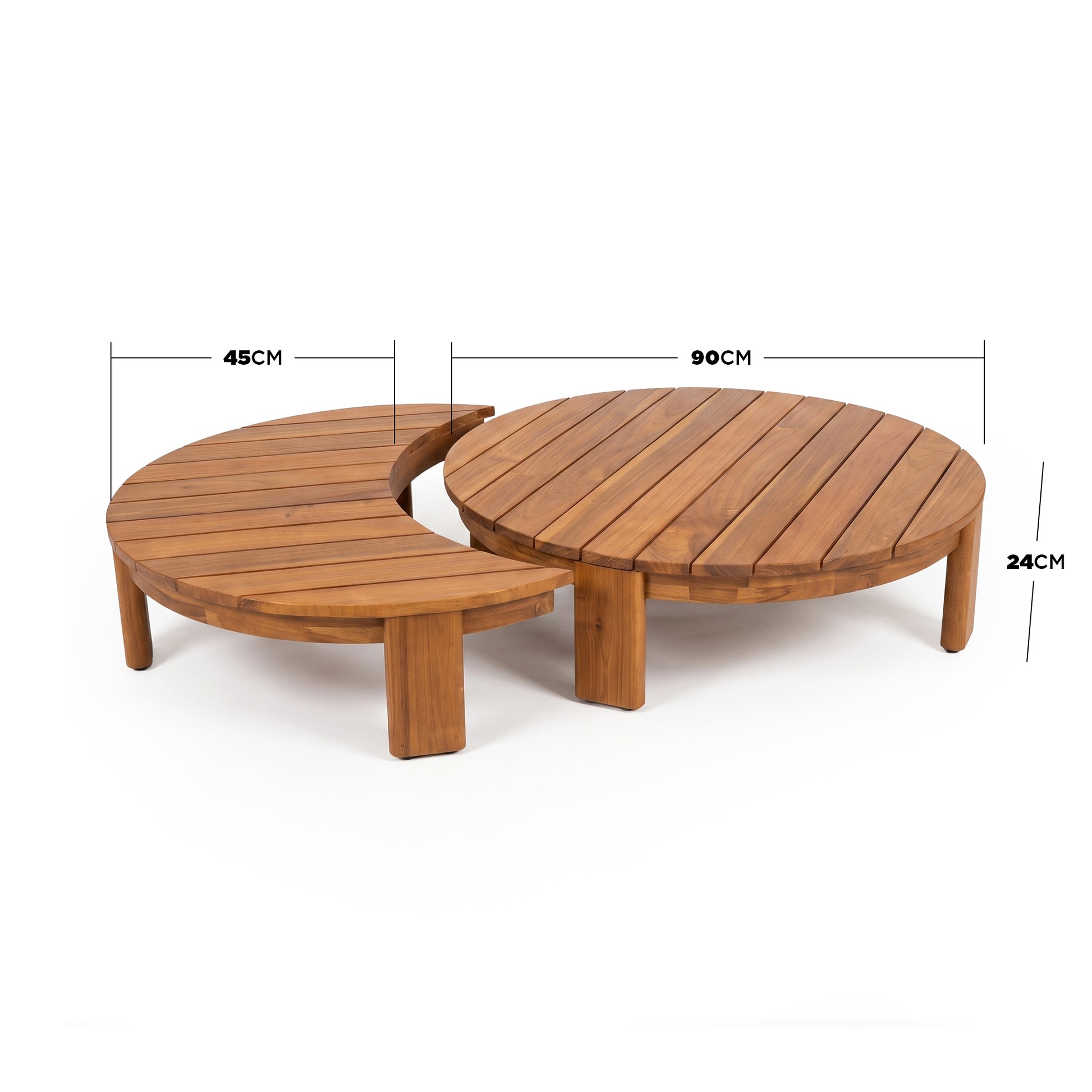 Round wooden table and crescent-shaped companion piece on white background with dimensions labeled