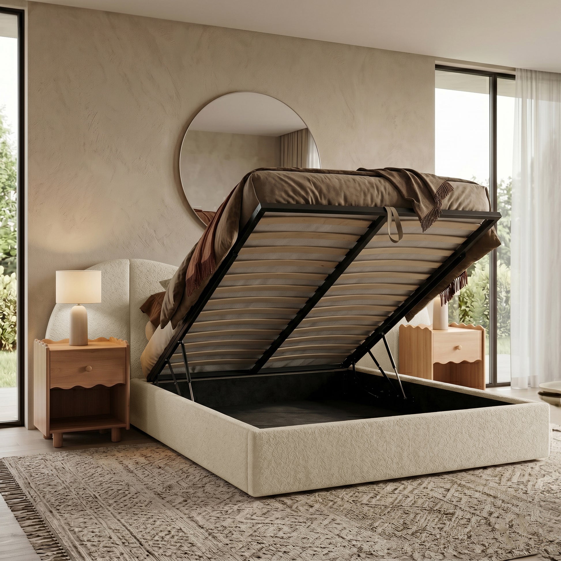 Storage bed with lifted mattress platform in a styled bedroom