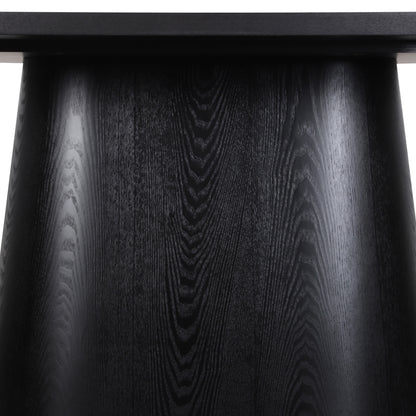 Close-up of the Gigi 180cm Oval Wooden Dining Table in Black, showcasing the tapered, conical pedestal leg with visible wood grain and light reflections, emphasizing its refined timber appearance.