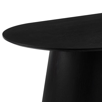 Close-up partial view of a black table top and leg on a white background