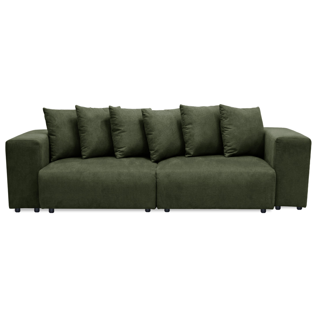 Dark green fabric sofa with six cushions on white background