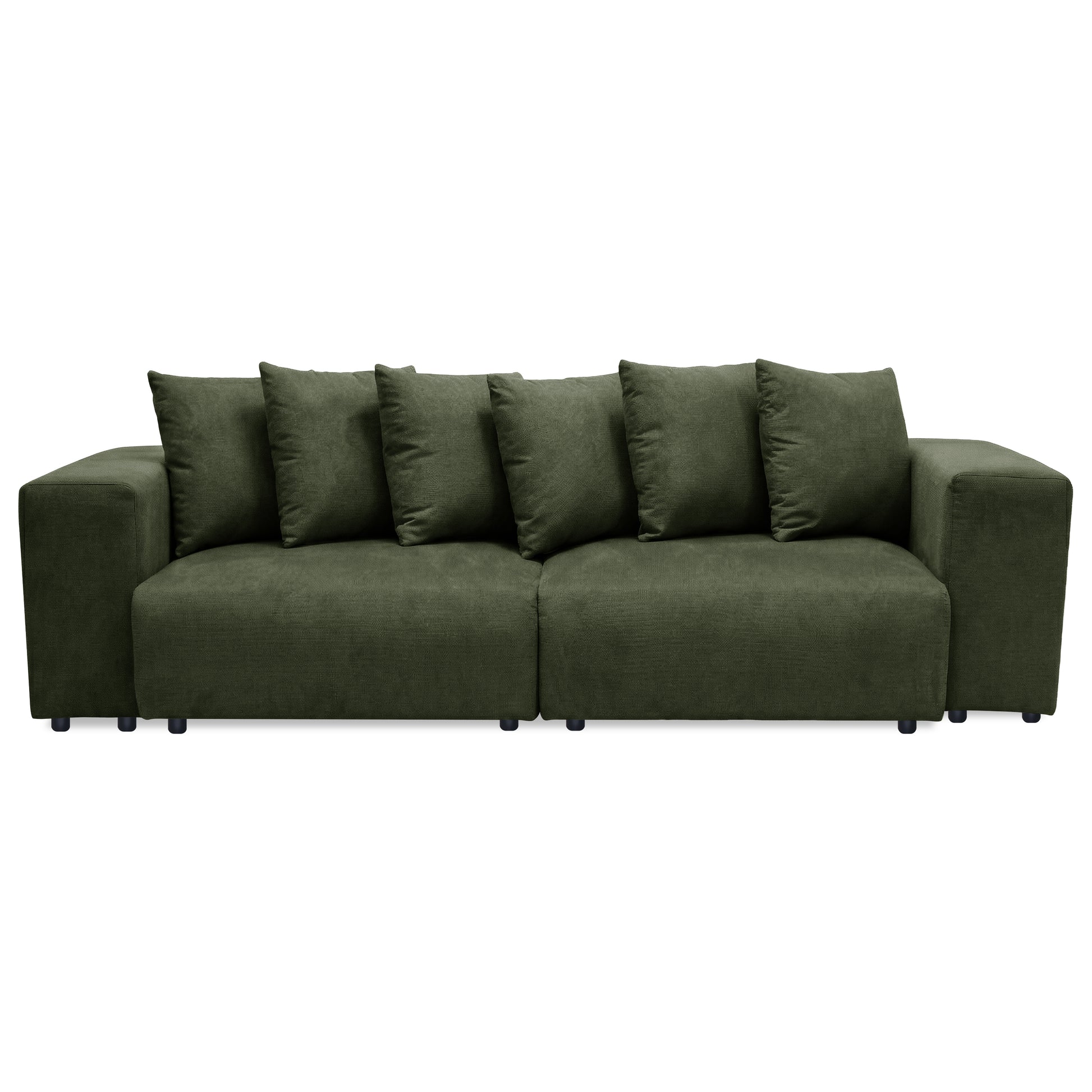 Dark green fabric sofa with six cushions on white background