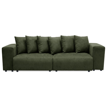 Dark green fabric sofa with six cushions on white background
