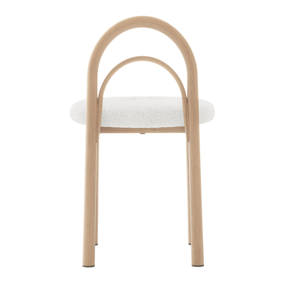 Front view of a modern chair with a rounded wooden frame and cream upholstered seat on white background