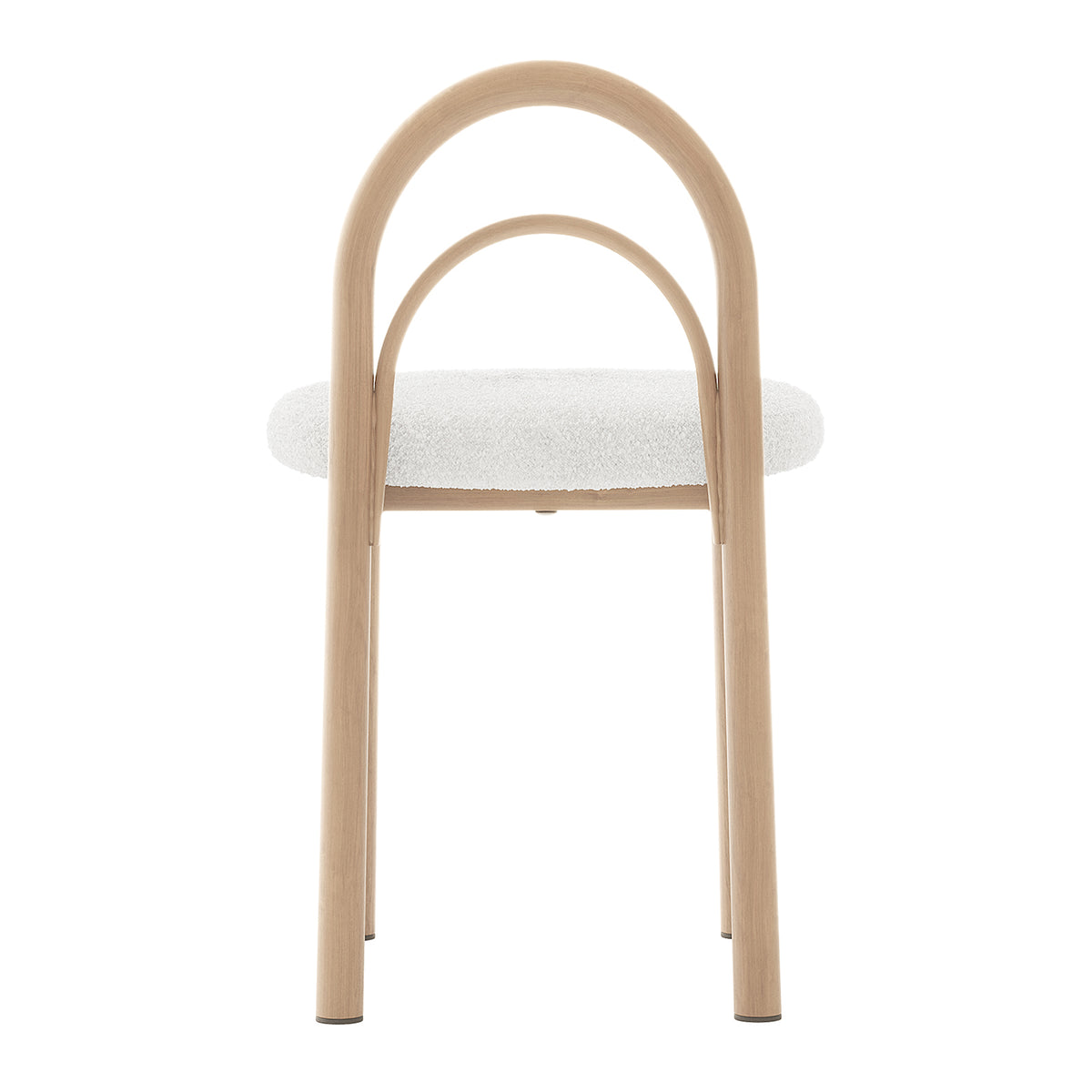 Front view of a modern chair with a rounded wooden frame and cream upholstered seat on white background