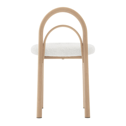 Front view of a modern chair with a rounded wooden frame and cream upholstered seat on white background
