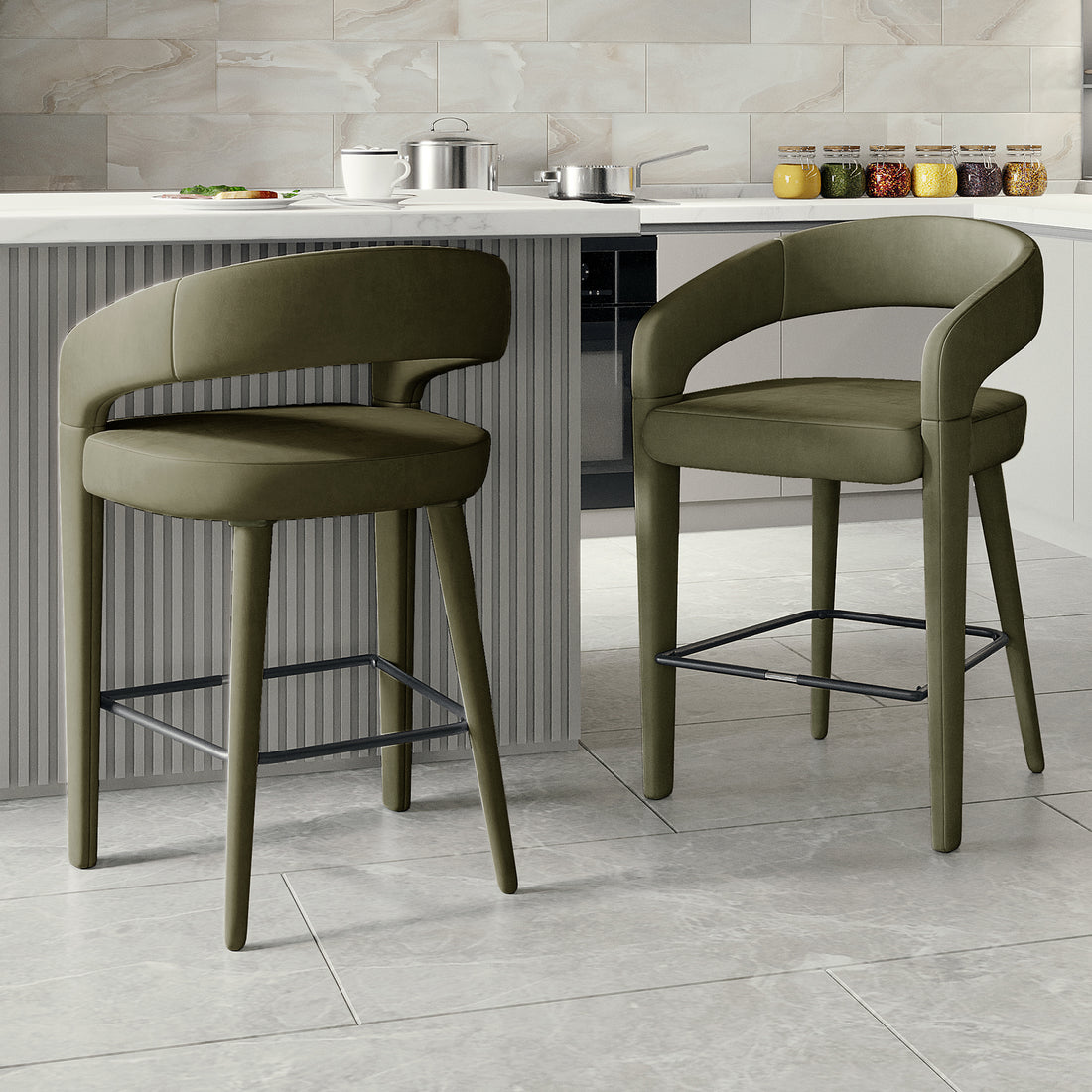 Pair of olive green bar stools in a stylish modern kitchen