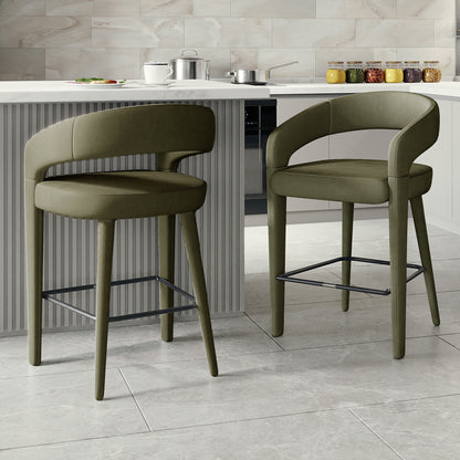Pair of olive green bar stools in a stylish modern kitchen