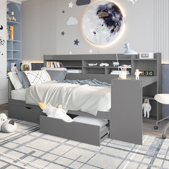 Hally Storage Single Bed with Desk and Drawers in Grey features a daybed with storage, desk, and shelving, complemented by space-themed decor, ideal for organized study and play areas in compact rooms.
