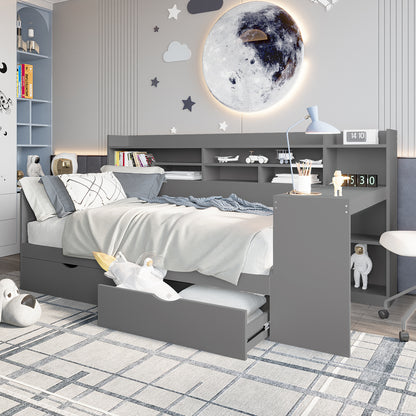 Hally Storage Single Bed with Desk and Drawers in Grey features a daybed with storage, desk, and shelving, complemented by space-themed decor, ideal for organized study and play areas in compact rooms.