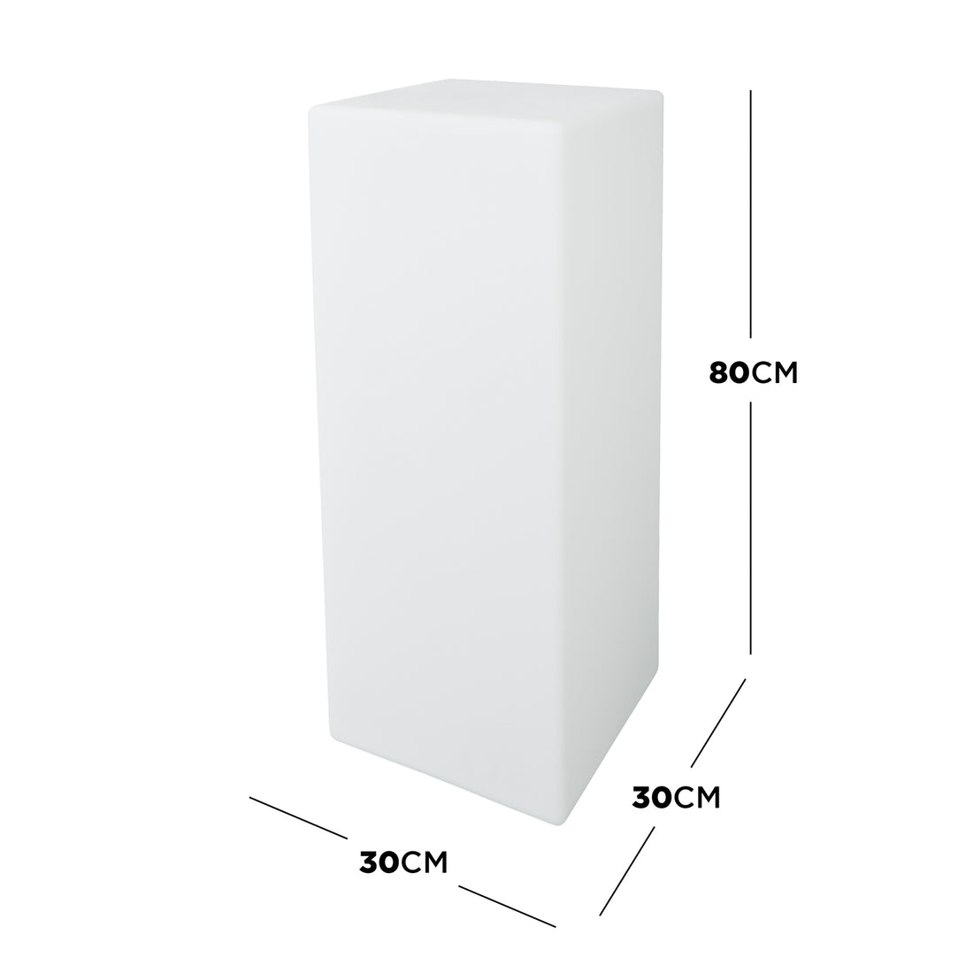 3D-rendered Colour Changing LED Column Light, measuring 80cm high, 30cm wide, and 30cm deep, on a white background, showcasing its sleek, rectangular design for versatile indoor and outdoor use.