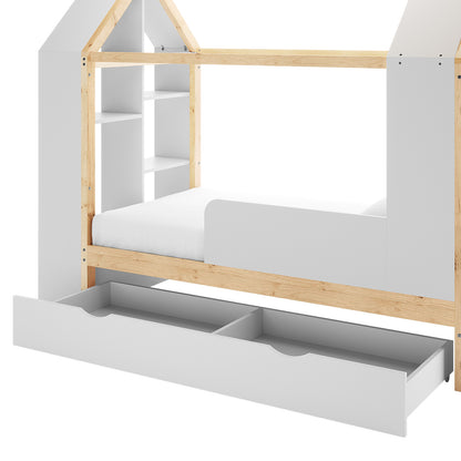 Haron Single Cubby House Bed Storage in White & Natural features a house-frame design with peaked-roof posts, integrated shelving, and a spacious pull-out storage drawer beneath for organizing toys and books.