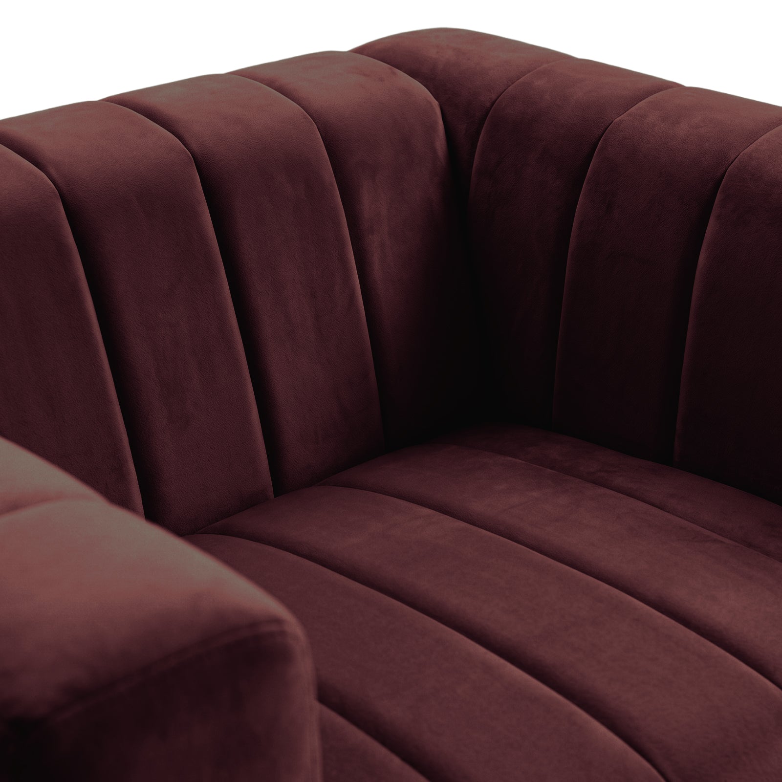 Close-up of burgundy sofa upholstery and seating area on a white background