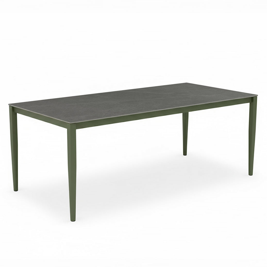 Cabria 7 Piece Sintered Stone Outdoor Dining Set in Green, featuring a modern dark gray tabletop with slender olive-green legs, showcased as a standalone piece on a white background.