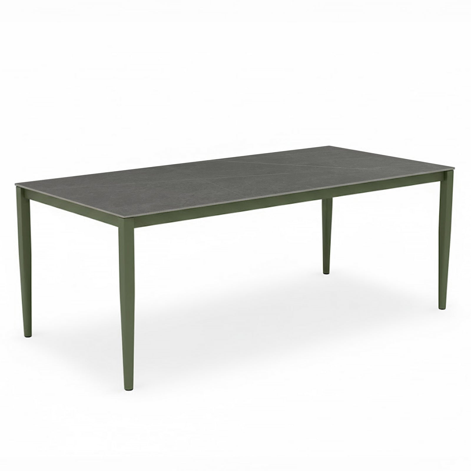 Cabria 7 Piece Sintered Stone Outdoor Dining Set in Green, featuring a modern dark gray tabletop with slender olive-green legs, showcased as a standalone piece on a white background.