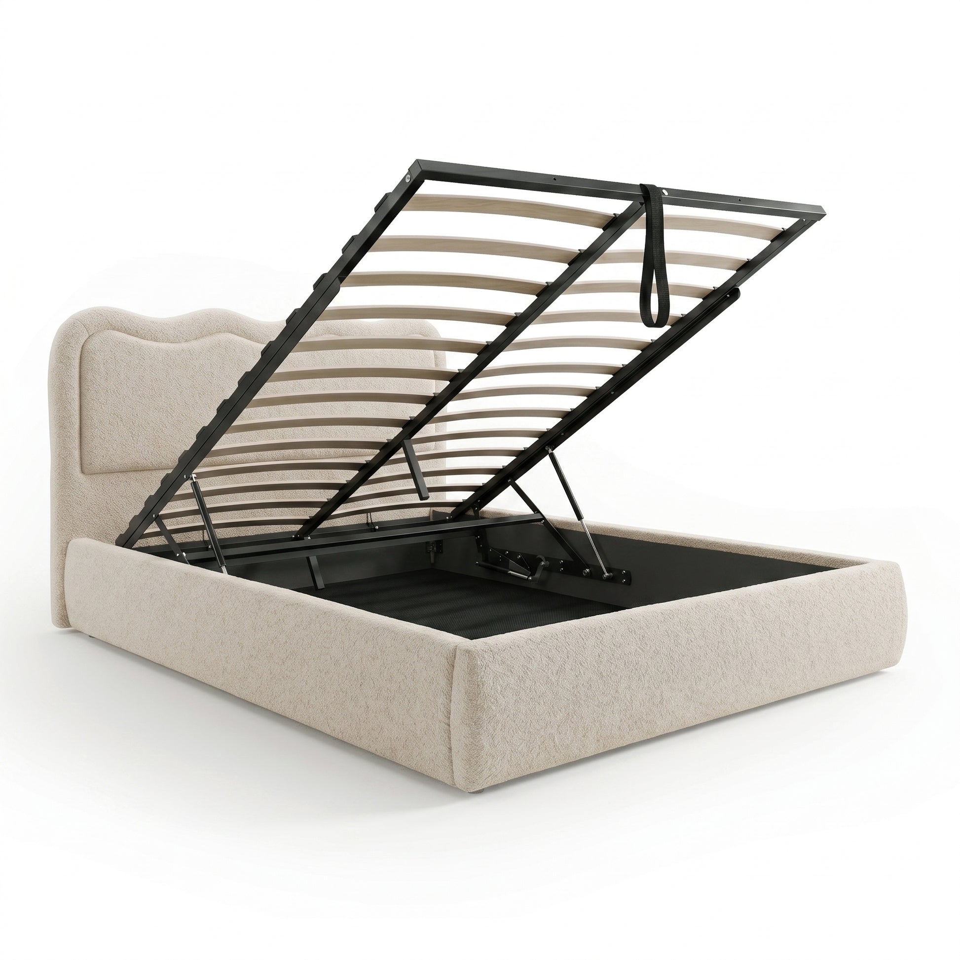 Storage bed frame with lift-up storage on white background