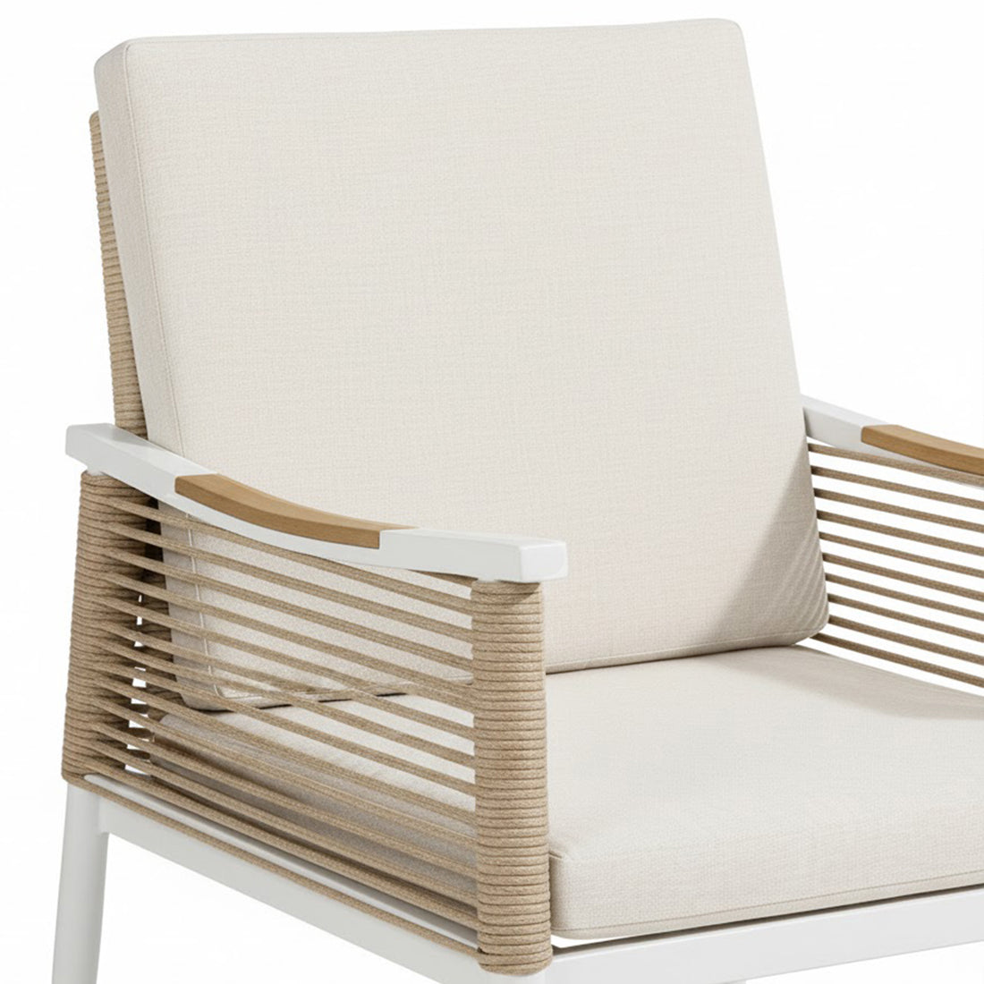 Casara 9 Piece Outdoor Dining Set in White and Beige featuring a modern lounge chair with a white metal frame, beige cushions, and rope-wrapped sides, perfect for alfresco dining and relaxation.