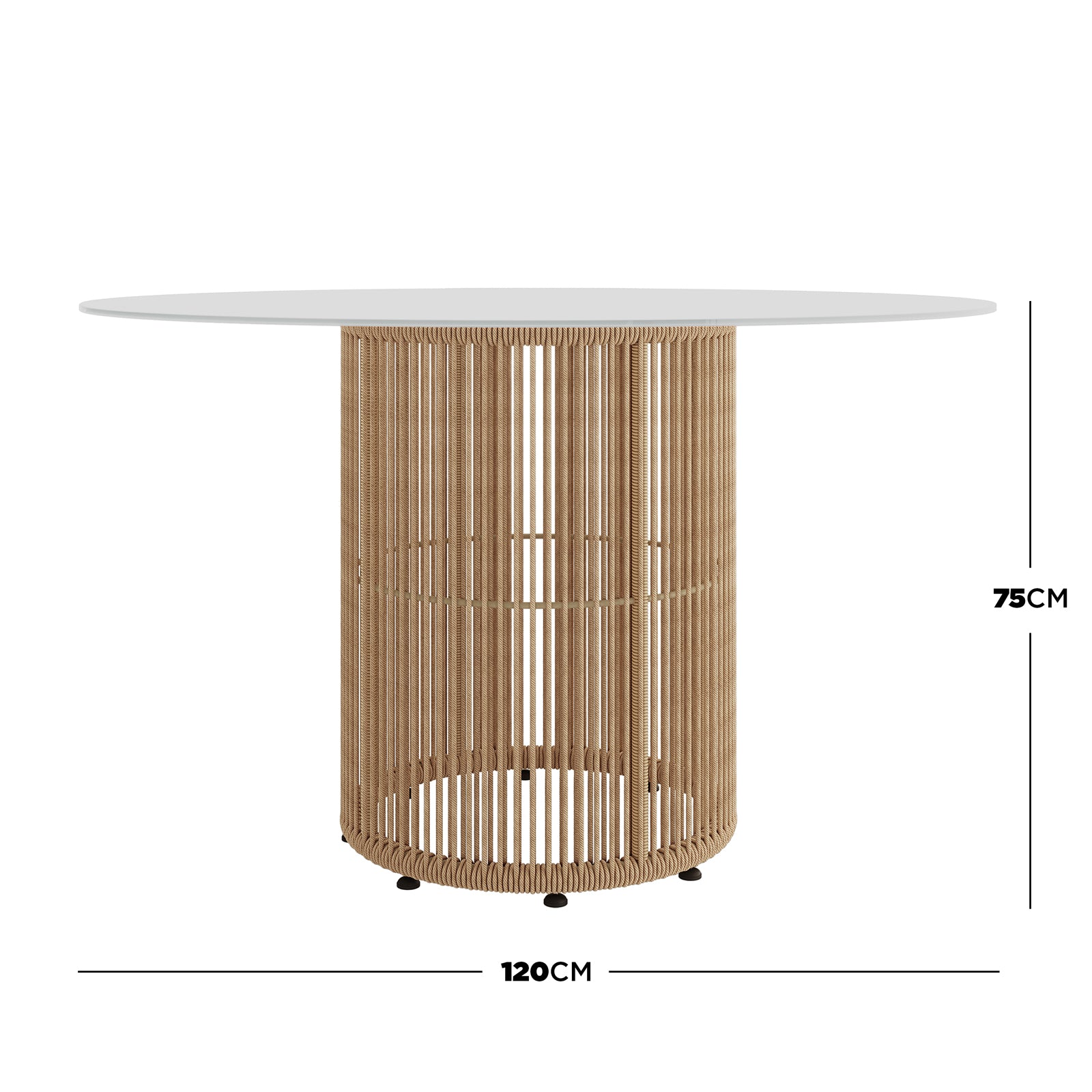 Vellora 4 Seater Wicker Outdoor Dining Set in Natural, featuring a round dining table with a smooth white tabletop and a rope-wrapped cylindrical base, measuring 120 cm in diameter and 75 cm tall.