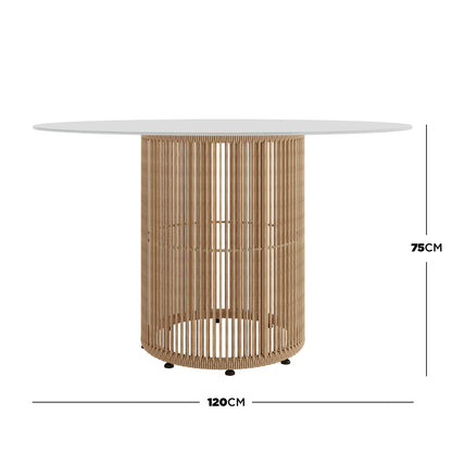 Vellora 4 Seater Wicker Outdoor Dining Set in Natural, featuring a round dining table with a smooth white tabletop and a rope-wrapped cylindrical base, measuring 120 cm in diameter and 75 cm tall.