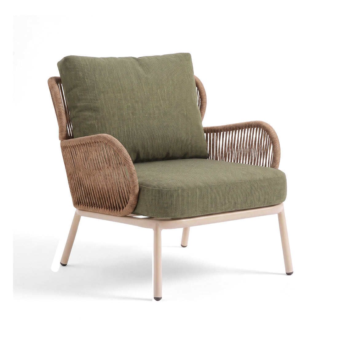 Lounge chair with light metal frame, woven rope details, and olive green cushions on a white background